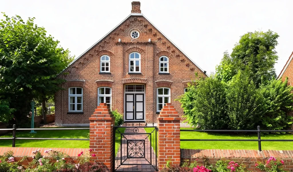 Traditionelles ostfriesisches Backsteinhaus mit Satteldach und gepflegtem Garten – typische Architektur Norddeutschlands.